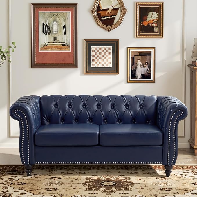 LEVNARY Chesterfield Loveseat, 2 Seater Tufted Couch for Living Room, Classic Button Tufted Upholstered Sofa, Modern Mid-Century PU Leather Loveseat (Blue)