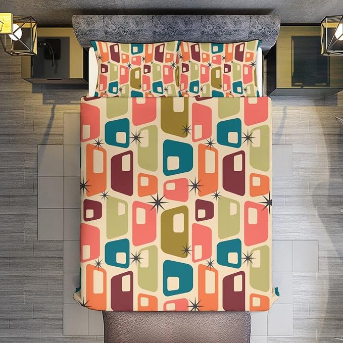 Mid Century Duvet Cover Sets Aesthetic Abstract Geometric Mid Century Retro Printed Lightweight Soft Quilt Cover Minimalist Soft Microfiber 3 Piece (1 Duvet Cover 79x90in + 2 Pillow Sham 20x30in)