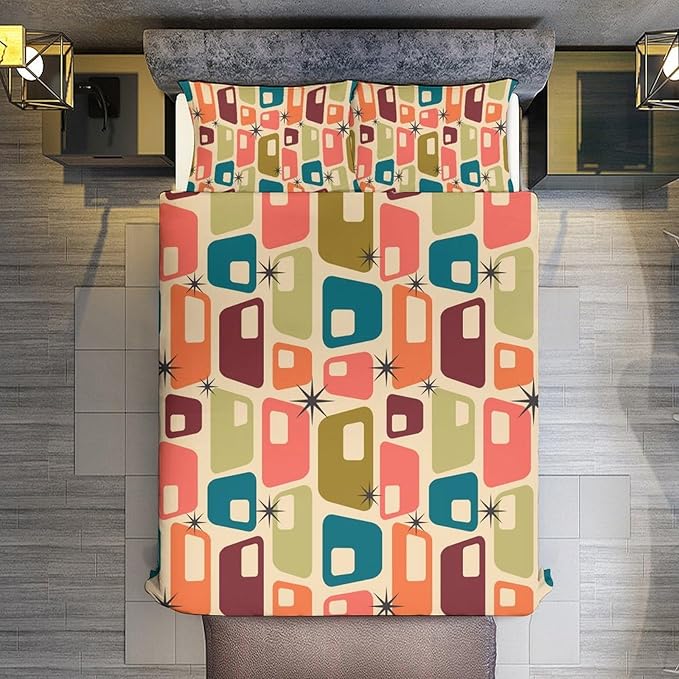 Mid Century Duvet Cover Sets Aesthetic Abstract Geometric Mid Century Retro Printed Lightweight Soft Quilt Cover Minimalist Soft Microfiber 3 Piece (1 Duvet Cover 68x86in + 2 Pillow Sham 20x30in)