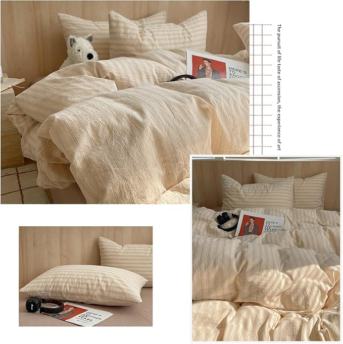 mixinni Retro Striped Duvet Cover Set Full Size - 100% Washed Cotton Beige Duvet Cover with Black White Stripes, Soft Breathable 3 Piece Comforter Cover with Zipper Closure & Corner Ties
