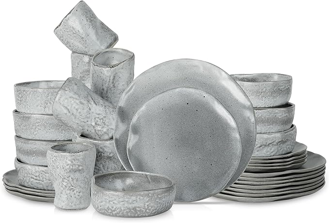 Stone by Mercer Project Atik Modern Stoneware 32-Piece Dinnerware Set, Plate and Bowl Set, Dish set for 8, Grey Speckled