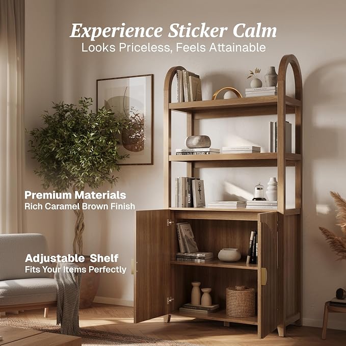 BELLEZE Book Shelf 72" Tall Arched Bookcase with Storage, 5 Tier Mid Century Modern Fluted Bookshelf with Doors, Modular Bookshelves for Living Room Office Library, Set of 3 (Caramel Brown)