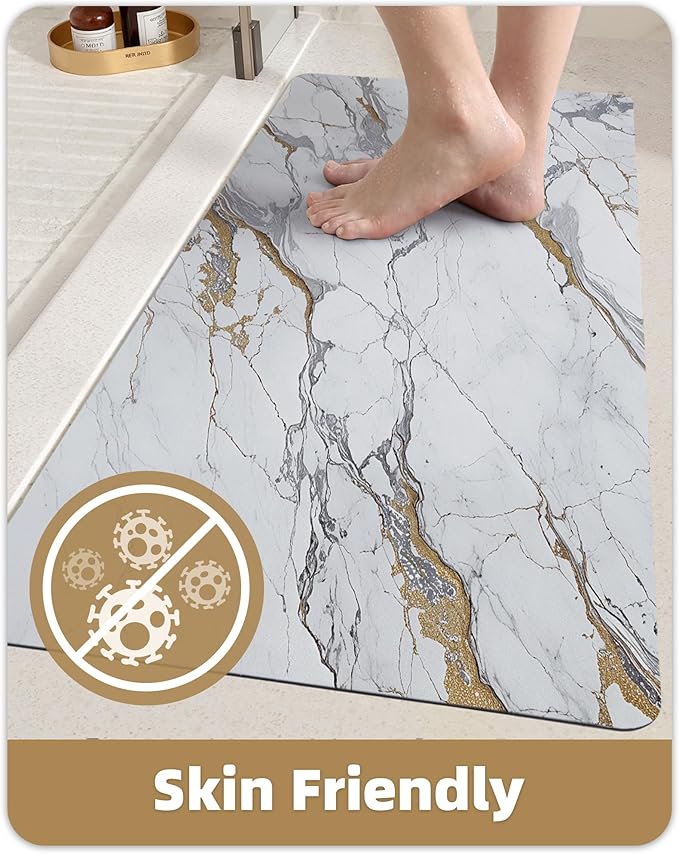 Color&Geometry Ultra Thin Bath Mat, Non Slip Quick Dry Rugs,Absorbent Marble Bathmat,24"x36",Washable Rubber Mats for Shower Floor,in Front of Bathtub,Bathroom Decor,Gray and Gold Marble-Patterned