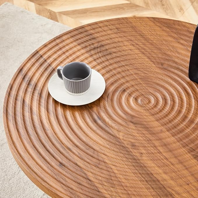 31.5 Inch Round Dining Table for 2-4 Person,Mid-Century Modern Walnut Tulip Kitchen Table, Wooden GrainTabletop with Suction Molding Annular Texture and Black Metal Base