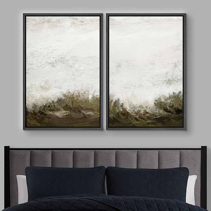IDEA4WALL Framed Canvas Print Wall Art Set Grunge White Brown Color Field Landscape Abstract Shapes Illustrations Minimalism Decorative for Living Room, Bedroom, Office - 16"x24"x2 Black
