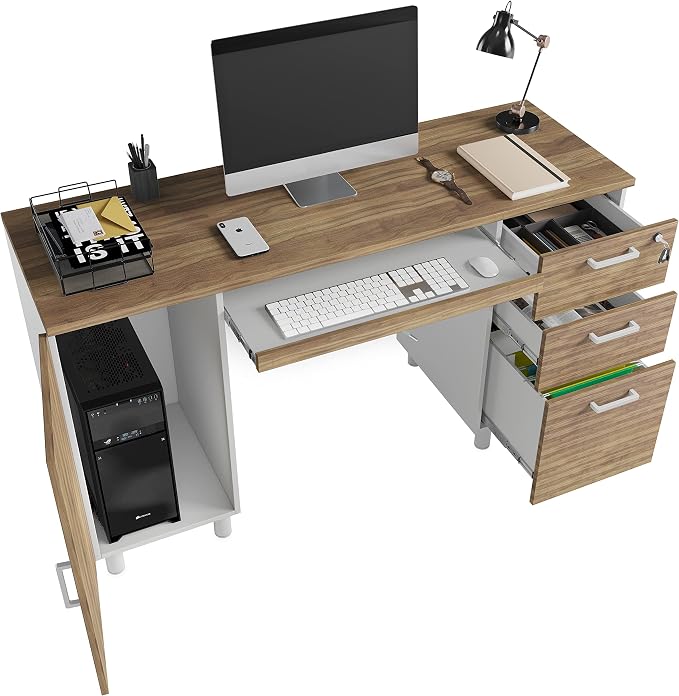 Modern Design Venice Computer Desk with Lockable Drawers, 53 Inch Home Office Desk with Storage Cabinet, Keyboard Tray & Cable Management, Modern Study Writing Desk for Small Spaces, Walnut and White