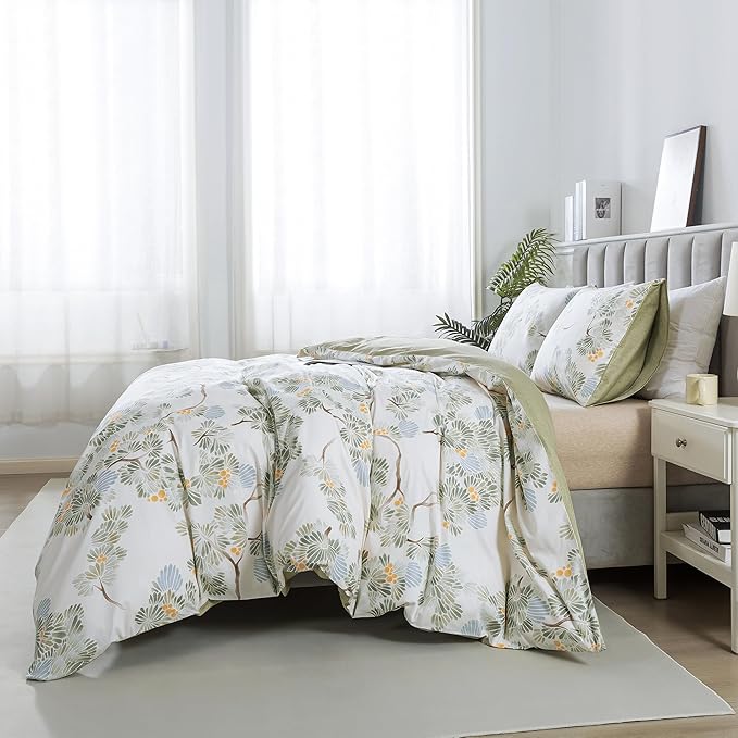 HoneiLife Duvet Dover Queen Size - 100% Cotton Comforter Cover Botanical Bedlinen Set with Zipper Closure & Corner Ties, 3-PC Forest Comforter Cover Sets