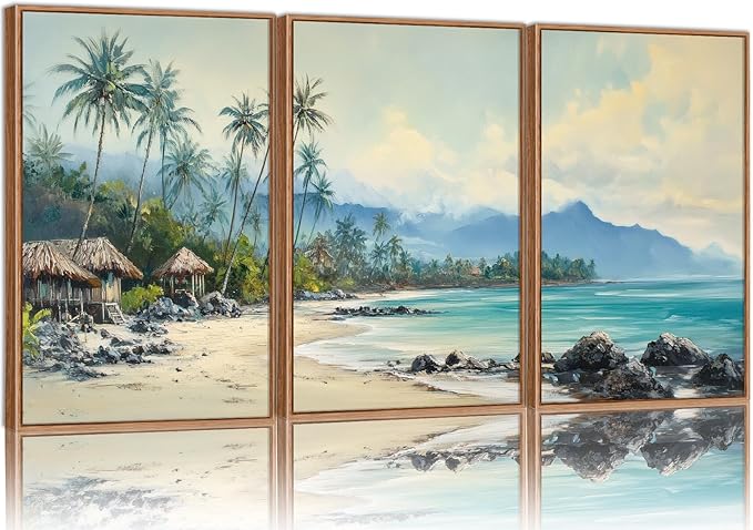 Rantodecor Tropical Coastal Framed Canvas Wall Art, Beach Landscape Posters Wall Decor, Island Palm Trees Beach House Art Paintings, Seascape Mountains Artwork for Bedroom Living Room Office 16"x24"x3