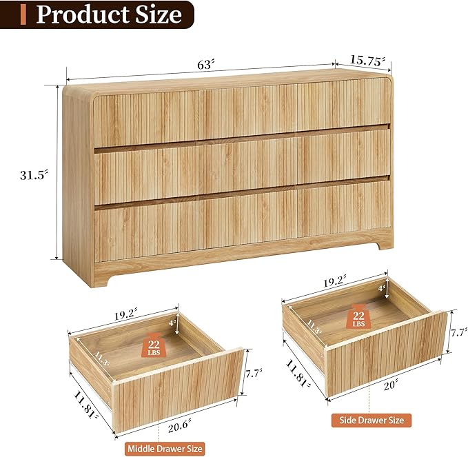 MERRYBERRY Fluted Dresser for Bedroom with 9 Drawers,63" Wide Modern Chest of Drawers with Curved Profile & Deep Drawer,Large Wood TV Dresser for Bedroom Living Room