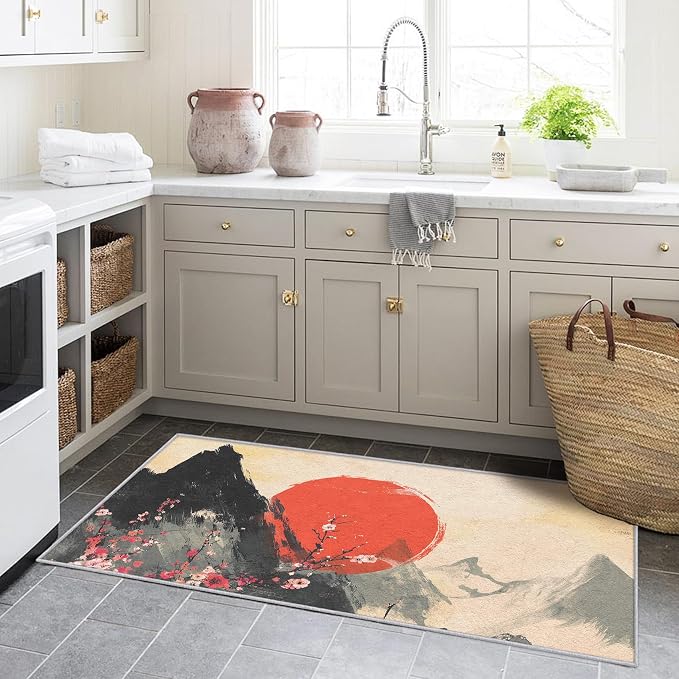 Small Area Rugs 2x4 Entryway, Japanese Rug, Red Sun Cherry Blossom Mountain Landscape Design, Washable Kitchen Rug, Compact Carpet for Laundry Room & Powder Room, Traditional Asian Art Room Decor
