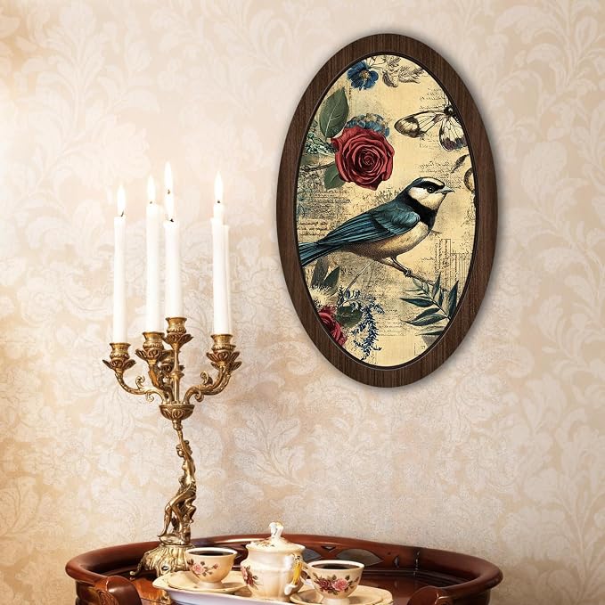UYIKG Vintage Rustic Farmhouse Oval Framed Wall Art Decor,Floral Bird Cottage Core Vintage Wall Decor for Theme Room Home Bedroom Living Room Home Office 9x14.6 in