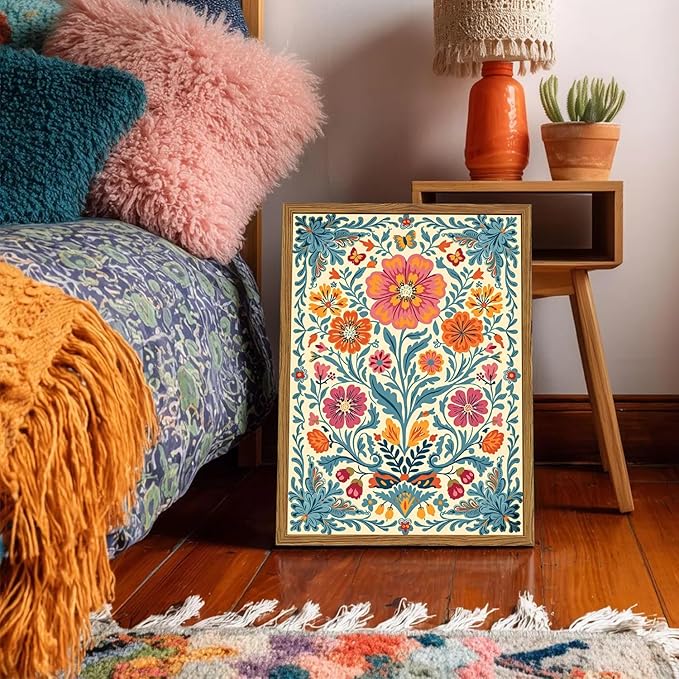 Framed Vintage Mexican Floral Canvas Wall Art, Colorful Folk Flower Wall Decor Pictures, Boho Botanical Painting Prints Rustic Home Decor for Living Room Bedroom 12x16 inch