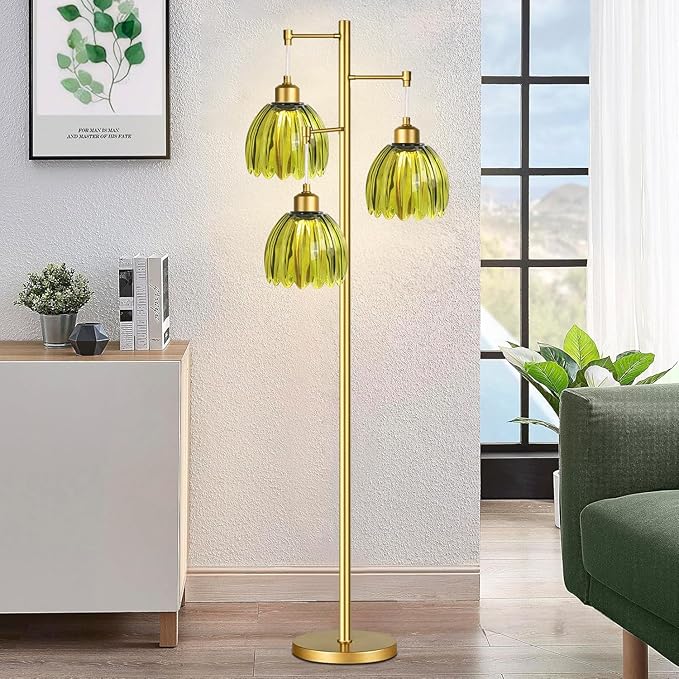 Glass Floor Lamp for Living Room,Bedroom,Gold Mid Century Modern Standing Lamp Brass Tree 3 Light Tall Floor Lamps Vintage Floor Lights Green Tulip Flower Lamp Shade Farmhouse Boho Bohemian