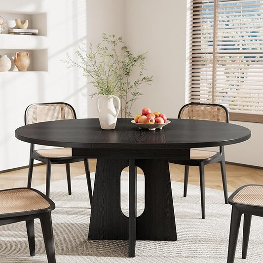 59-Inch Extendable Dining Table for 4-6 People, Modern Kitchen Oval Dinner Table with Storage Shelf and Cross Pedestal for Dining Room, Living Room, Black