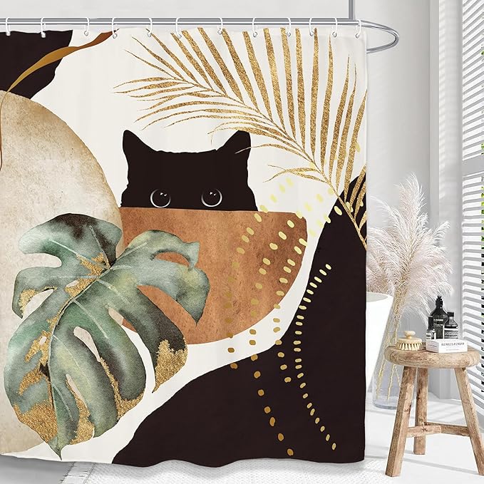 Yookeb Abstract Mid Century Bathroom Shower Curtain 60W by 71H Inch Cat Vintage Minimalist Plant Monstera Brown Aesthetic Polyester Fabric 12 Plastic Hooks Waterproof Decor