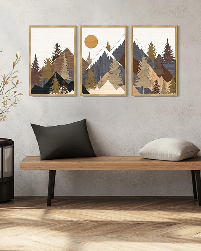 KUVIOKE Morden Boho Mountains Framed Canvas Wall Art Pine Tree Forest Nature Landscape Artwork Painting Bohemain Farmhouse Rustic Room Decor for Bedroom Living Room 16x24in (Natural Framed)