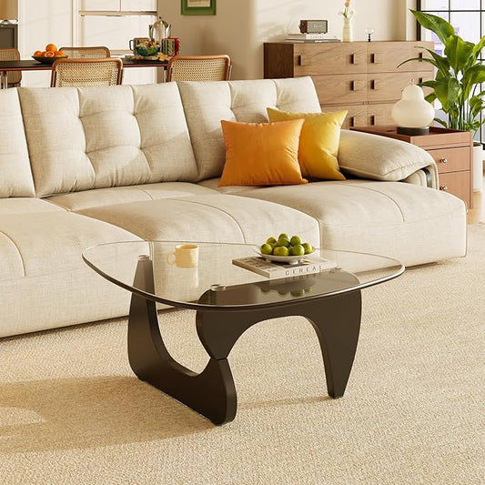Coffee Tables Glass Small Farmhouse Coffee Table Mid-Century Modern Wood Center Table for Living Room, Black Transparent, 32 Inch