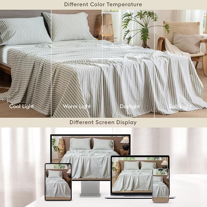 MooMee Striped Sheet Set 100% Washed Cotton Linen Like Textured Breathable Durable Soft Comfy (Sage Green White Classic Stripes, King)