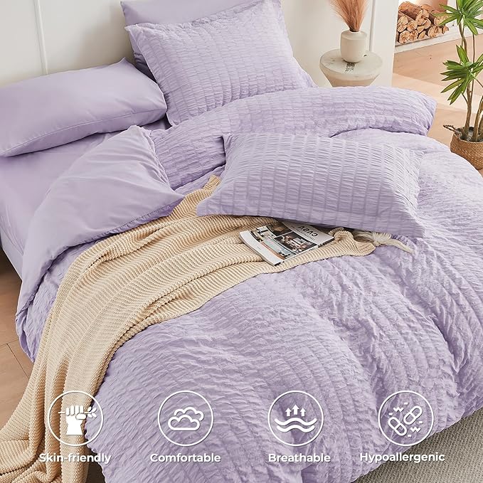 HYMOKEGE Lavender Twin XL Comforter Set Seersucker 5 Pieces, All Season Luxury Bed in a Bag for Bedroom, Bedding Set with Comforter, Sheets, Pillowcase & Sham