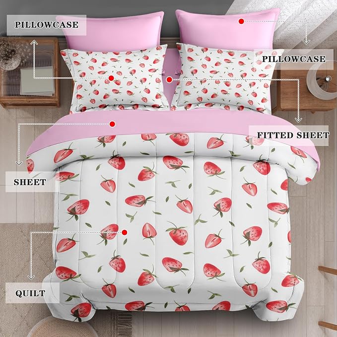 7Pcs Comforter Set Full Size, Cute Red Strawberry Fruit, Bedding Decor Pink Strawberries Party Girly Bedroom Bed Set with Flat Sheet Fitted Sheet Pillowcases Shams for Kids and Adults