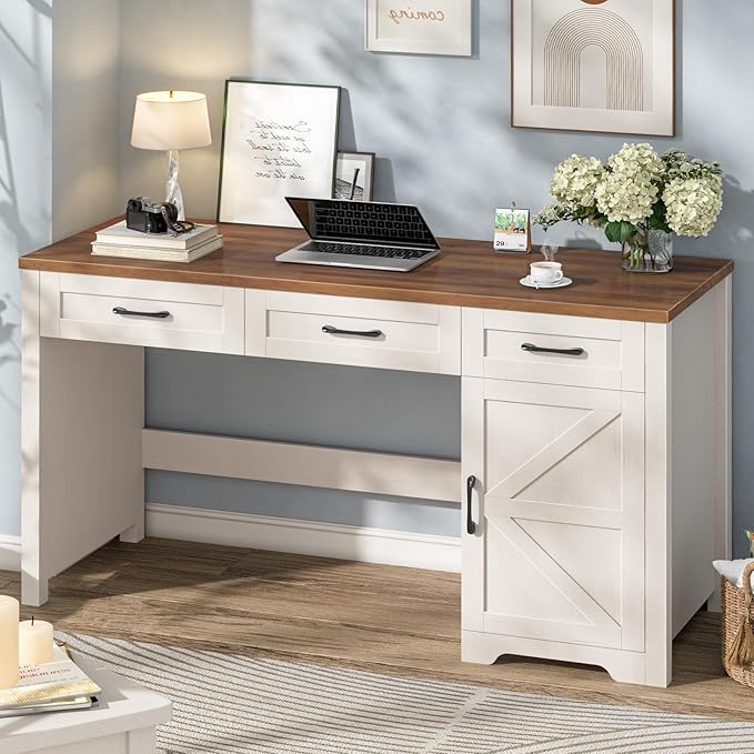 Vabches Farmhouse 55" Executive Desk,Computer Desk with 3 Drawers and Storage Cabinet,Home Office Desk for Work and Study