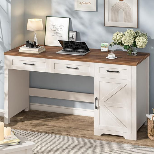 Vabches Farmhouse 55" Executive Desk,Computer Desk with 3 Drawers and Storage Cabinet,Home Office Desk for Work and Study