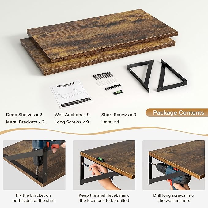Deep Floating Shelves Wall Mounted, 24"x12" Brown Wood Shelves with Brackets Set of 2 for Bedroom, Living Room, Bathroom, Kitchen, Office - Storage & Display Shelf for Decor, Books, Plants