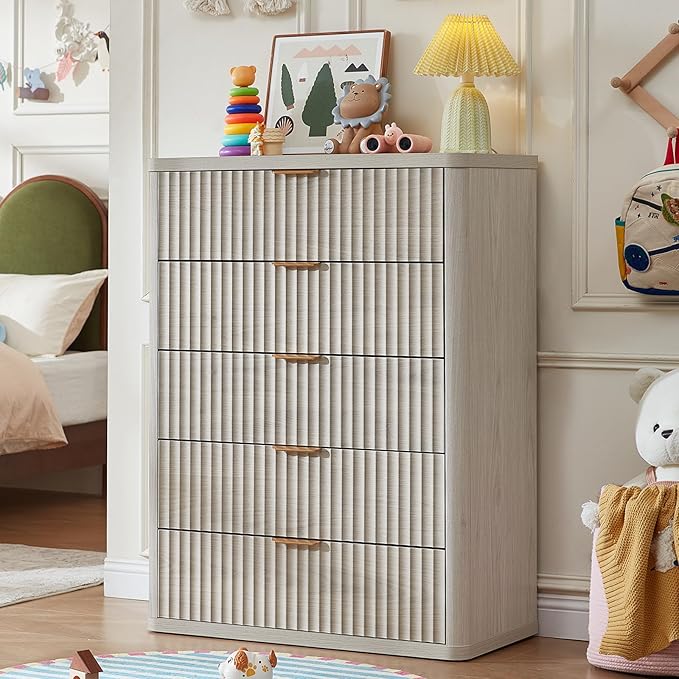 LEYAOYAO Fluted 5 Drawers Dresser Set of 2, 41" Tall Modern Chest of Drawers with Metal Handle, Curved Profile Dresser TV Stand, Wooden Drawer Organizer for Bedroom, Living Room, Hallway, Lightgrey