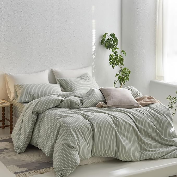 MooMee Striped Duvet Cover Set 100% Washed Cotton Linen Like Textured Breathable Durable Soft Comfy (Sage Green White Wide Stripes, Twin 68"x90")