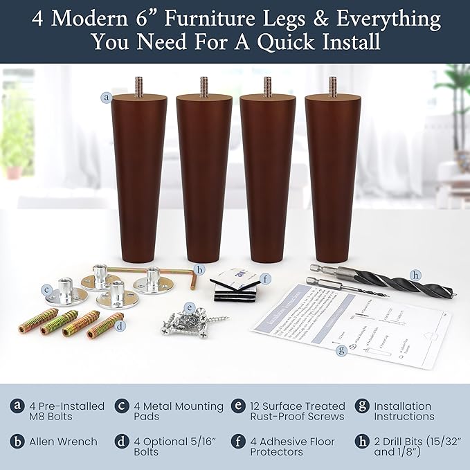 Premium Walnut Wood Furniture Legs (Full Install Kit) - Pick Your Size and Color