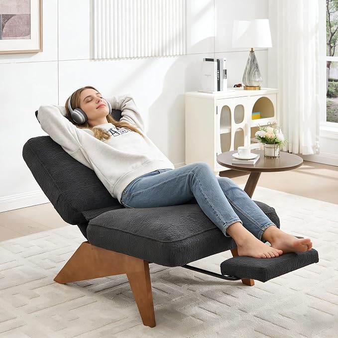 Accent Chair with Ottoman Adjustable Backrest, Stripe Living Room Chair Indoor Lounge Chair with Build-in Footrest Set, Modern Chair Cozy Reclining Chair for Reading Room, Dark Gray