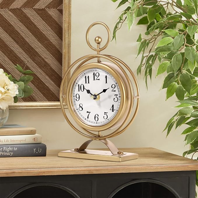 Vintage Table Clock on Stand, Decorative Metal Desk Clock, Small Antique Gold Silent Non-Ticking Battery Operated Farmhouse Shelf Table Clocks for Home Kitchen Bedroom Decor