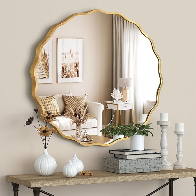 Gold Round Mirror for Wall, 32"x32" Decorative Wavy Bathroom Mirror with Brushed Alloy Steel Frame & Shatter-Proof Glass, Hanging Circle Wall Mirrors for Bathroom, Entryway, Bedroom