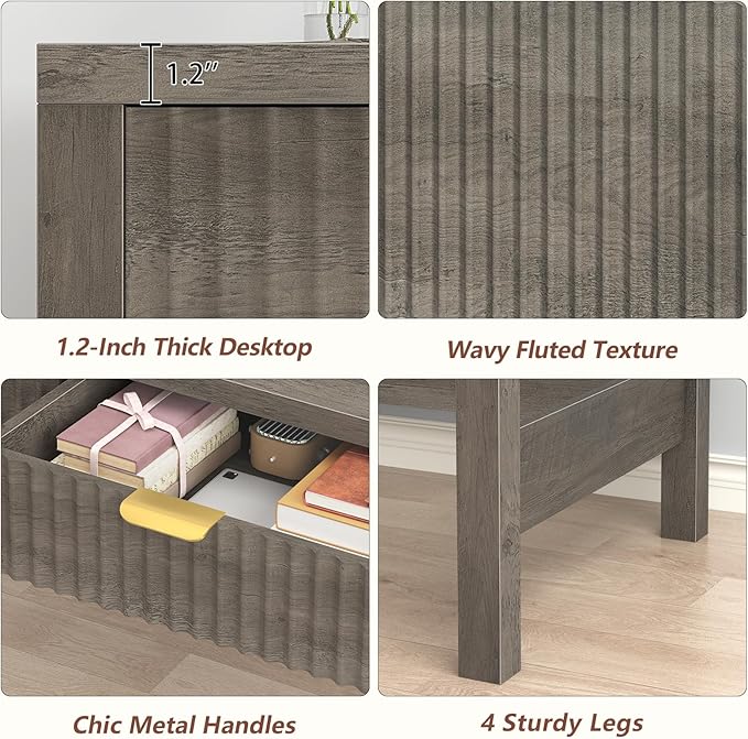 YOMILUVE Fluted Computer Desk with 2 Drawers, 39 Inch Small Computer Desk with Storage, Compact Writing Study Desk for Small Spaces, Gray