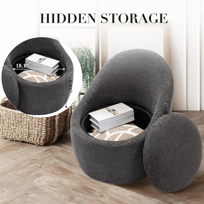 COLAMY Swivel Accent Chair, 360° Swivel Chair with Hidden Storage, Modern Small Barrel Swivel Armchair for Living Room/Bedroom, Dark Grey