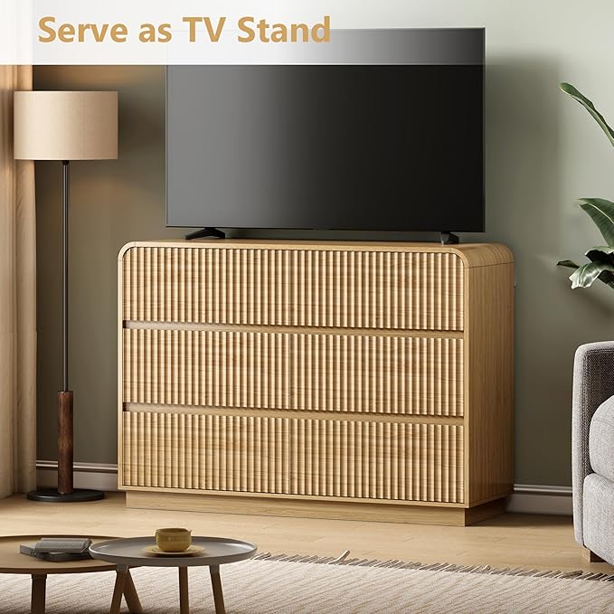 Oak Dresser Fluted 6 Drawers Dresser for Bedroom, 47" Wide Wood Chest of Drawers with Hidden Handles & Rounded Corners, Modern TV Stand Storage Cabinet for Living Room, Hallway, Entryway