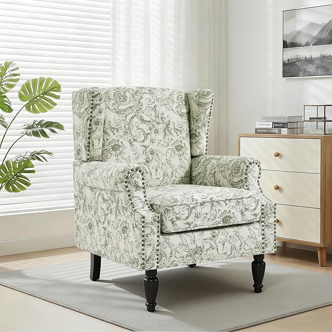 Wingback Chair, High Back Floral Accent Chair in Fabric, Comfy Upholstered Armchair with Nailhead Trim for Living Room, Single Sofa Reading Chair for Small Spaces, Bedroom-Rococo Green