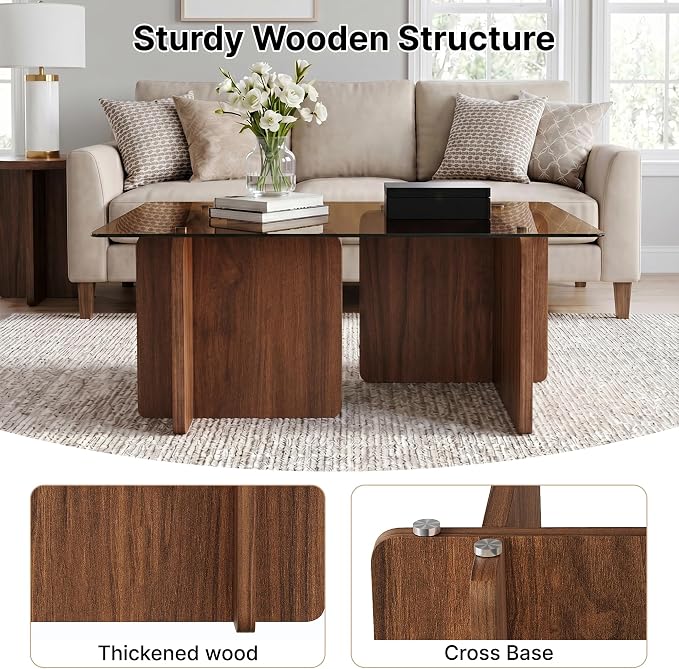 Modern Glass Coffee Table, 39.4 Inches Rectangular Center Tables for Living Room, Coffee Table with Wood Cross Base Easy Assembly Walnut