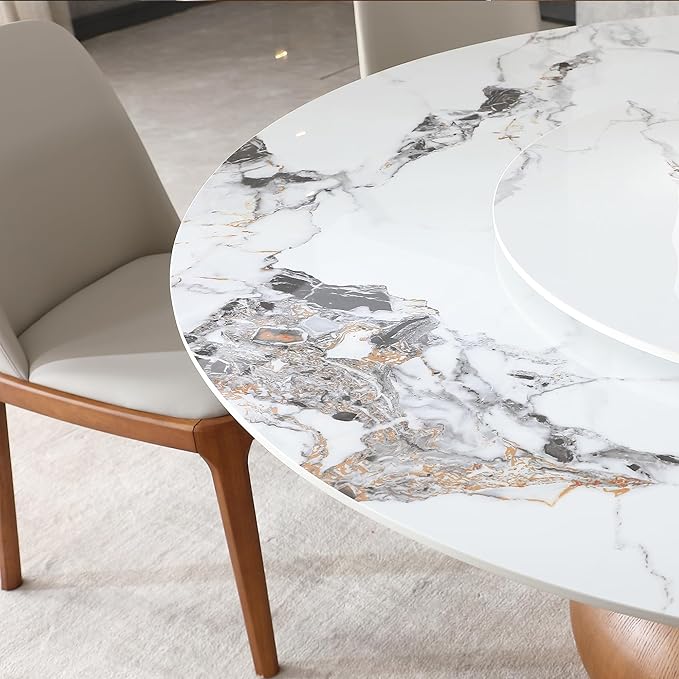 Montary 5 Piece Modern Dining Table Set of 4, Round 53" D Faux Marble Dining Table with Lazy Susan, Sintered Stone Top and Wood Base Dining Room Table with 4 Dining Chairs