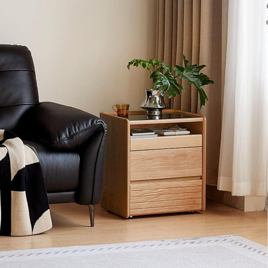 YESWOOD Solid Oak Nightstand with Hidden Drawers, Natural Wood Night Stand with Wheels, Rolling Bedside Table with Glass Tabletop and Open Shelf, Modern Nightstand for Bedroom, Living Room(25.59" H)