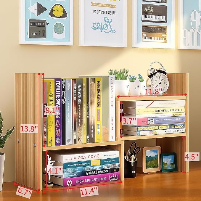 Desktop Shelf Organizer, Adjustable Wood Office Storage Rack, Counter Display Small Bookshelf for Home/Office/School(Light Walnut)