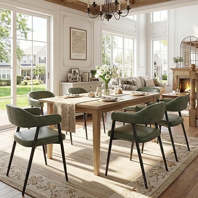 HNY Modern Dining Room Arm Chairs Set of 6, Green Retro Faux Leather Upholstered Barrel Dining Chairs with Arms Mid-Century Accent Chair with Metal Legs, Open-Back Kitchen Side Chairs for Living Room