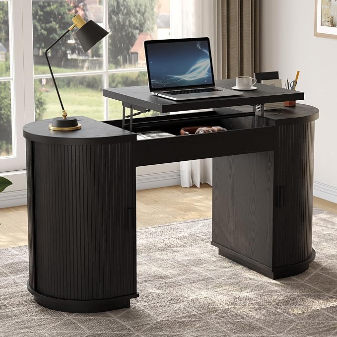 ONBRILL 59 Inches Office Desk with Lift Top, Fluted Executive Desk w/Charging Outlets, Mid-Century Modern Computer Desk with Storage, Curved Study Desk for Work/Study/Writing, Black