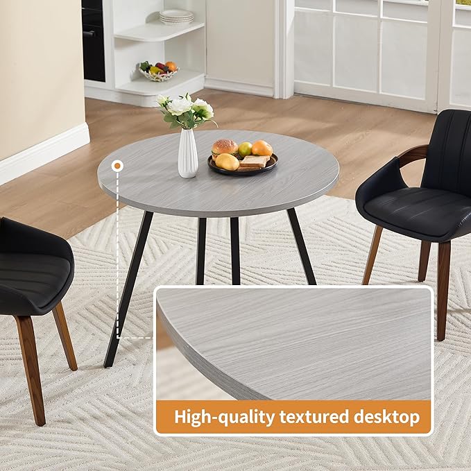 34.6" Round Dining Table for 2-4, Mid-Century Modern Small Kitchen Table with Woodgrain Top & Black Metal Legs, Space-Saving Table for Apartment, Breakfast Nook, Small Spaces - Light Gray