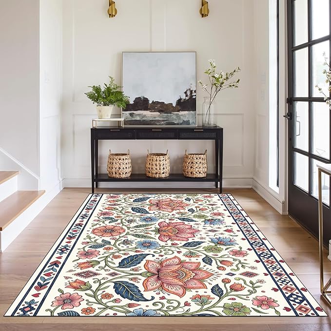 3'x5' Boho Floral Area Rug Vintage Colorful Botanical Carpet Non-Slip Washable Rugs for Entryway Bedroom Living Room Nursery Kitchen Playroom Home Decor