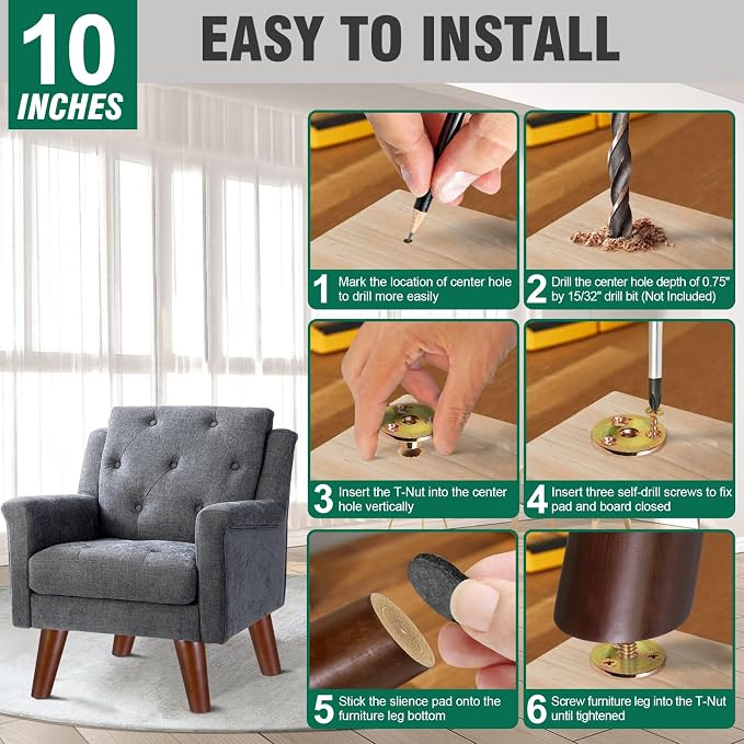 FoDau770 Brown Rubber Wood Furniture Legs 10 Inches, 5/16" UNC Slant Tapered Wood Feet Mid Century Sofa Legs, Wooden Furniture Feet Replacement Parts for Cabinet Couch Dresser Chair Ottoman Table