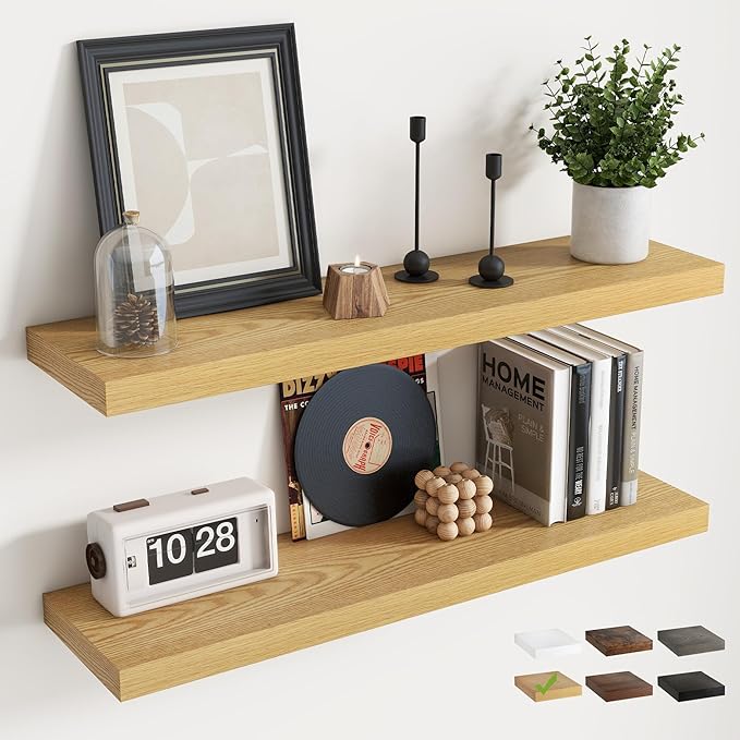 Floating Shelves for Wall with Invisible Brackets, Wall Mounted Engineered Wood Shelves with Wood Grain for Living Room, Bedroom, Bathroom, Kitchen Decor and Storage, Oak, 36"L Set of 2, Oak