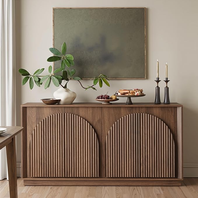 win2win Fluted Sideboard Buffet Cabinet with Storage, 65" Mid Century Modern Accent Cabinet with Double-Layered Arch Doors,Wood Media TV Console Table Credenza for Living Room Hallway Entryway,Walnut