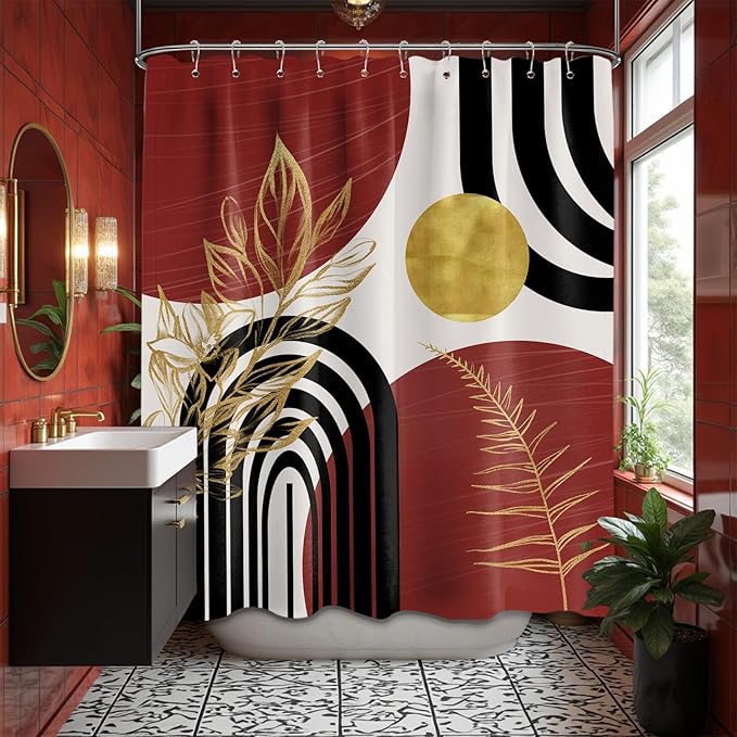 Black and Red Shower Curtain Boho Mid Century Burgundy Dark Red and Gold and White Shower Curtains for Bathroom Decor, Waterproof Cloth Fabric with Hooks, 60" W x 72" L