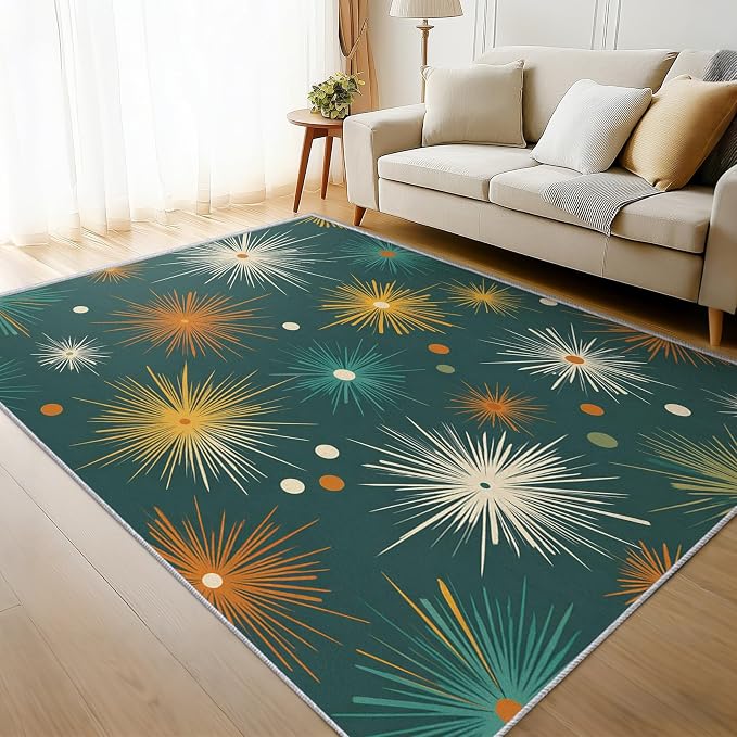 Abstract Atomic Rugs for Living Room Decor, 8x10 ft, MCM Geometric Starburst Area Rugs for Bedroom, Soft Non Slip Washable Mid Century Modern Carpet Home Decorations D-g48